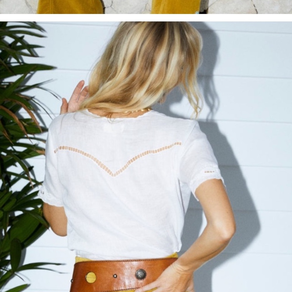 C Unicorn not alone anymore linen cut work white short sleeve embroidered blouse - Picture 5 of 10